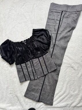bebe Black Satin Puff-Sleeve Top with Gray Boot-Cut Pants lace trim insert